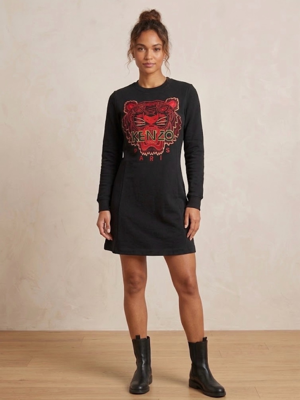 Kenzo Black Long-Sleeve Tiger Sweatshirt Dress with Red Logo